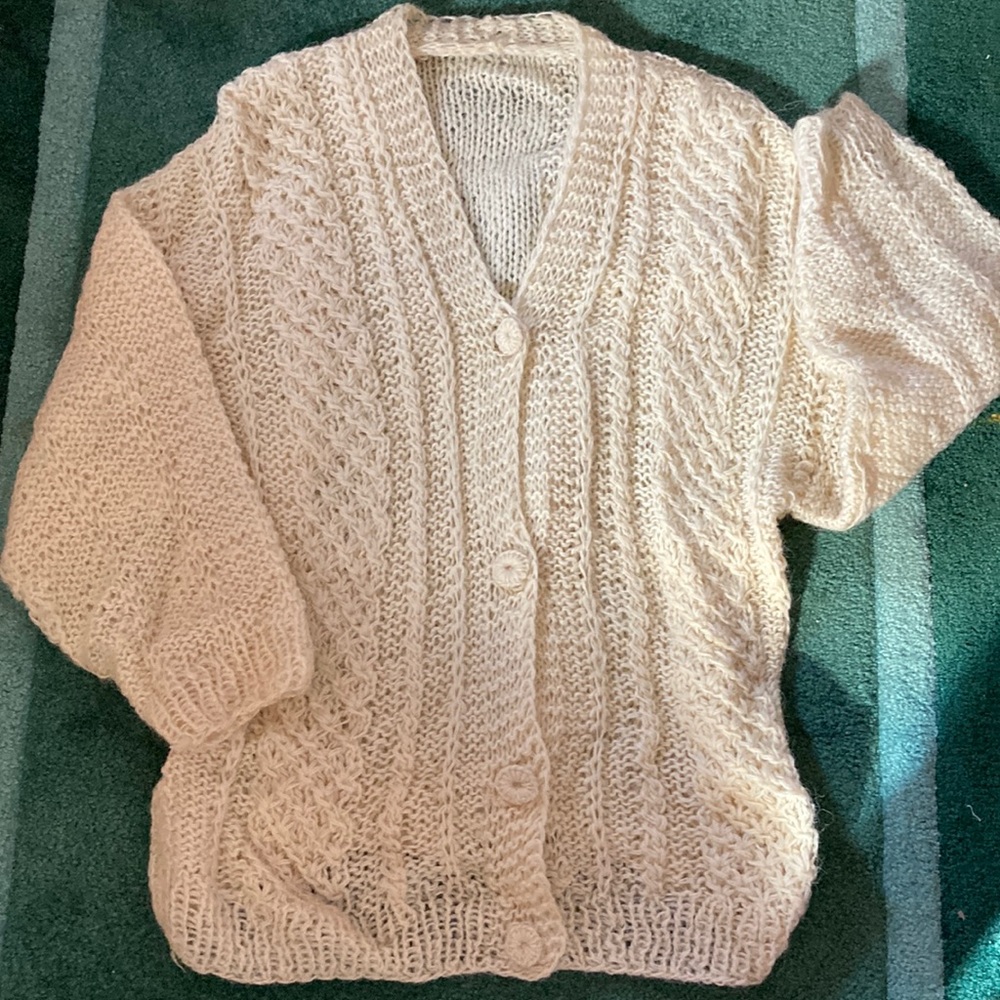 Lovely, Loose Hand-Knit Cardigan with yearn covered buttons.  Size M.  100% wool